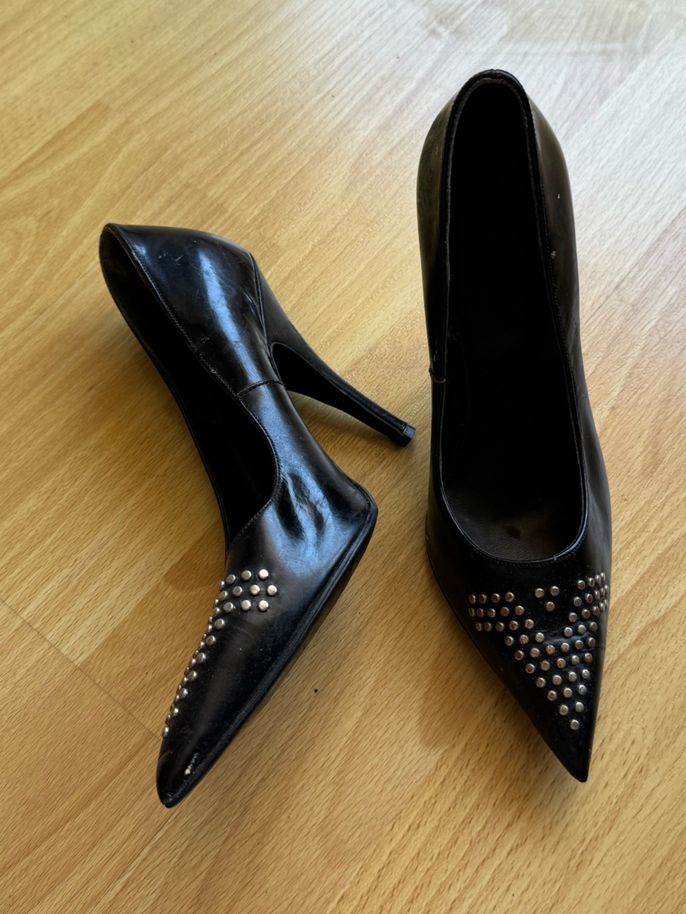 Vintage black structured leather pointed toe high heels with silver studs